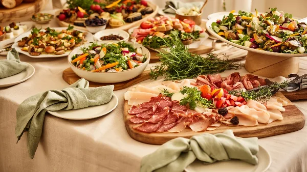 A catering table display featuring a wooden board with sliced cured meats, fresh vegetable salads in white bowls, and other appetizers.