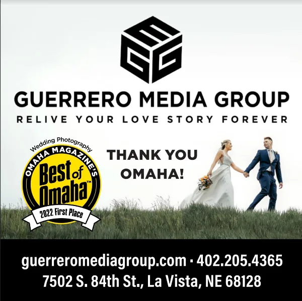 A promotional image for Guerrero Media Group featuring a bride and groom walking in a field, a 'Best of Omaha' award badge, and contact information.