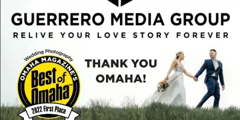 A promotional image for Guerrero Media Group featuring a bride and groom walking in a field, a 'Best of Omaha' award badge, and contact information.