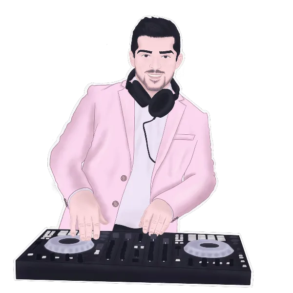 Illustration of a DJ in a pink blazer operating a mixing console