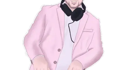 Illustration of a DJ in a pink blazer operating a mixing console