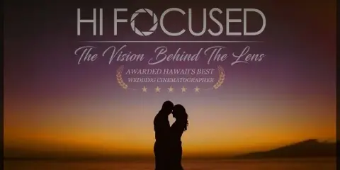 Cinematic silhouette of a couple at sunset with the Hi Focused logo and tagline 'The Vision Behind The Lens'.