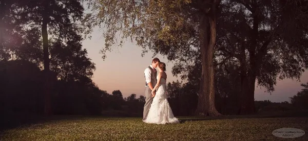 A bride and groom standing together in a grassy field with large trees at sunset.