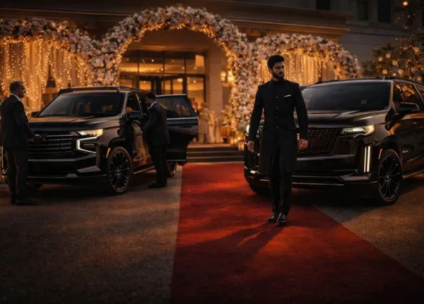 A professional chauffeur in a black suit stands on a red carpet next to a black luxury SUV at a venue with floral arches and string lights.