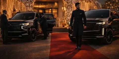 A professional chauffeur in a black suit stands on a red carpet next to a black luxury SUV at a venue with floral arches and string lights.