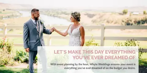 A bride and groom holding hands in a field with a river in the background, overlaid with the text 'Let's make this day everything you've ever dreamed of'.