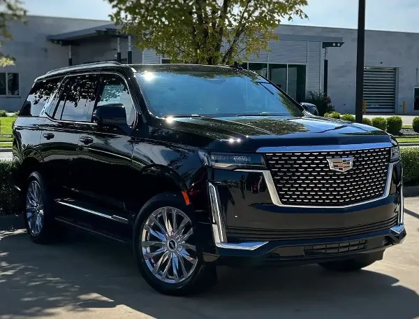 A black Cadillac SUV parked outdoors, representing the vehicle fleet of the limo service.