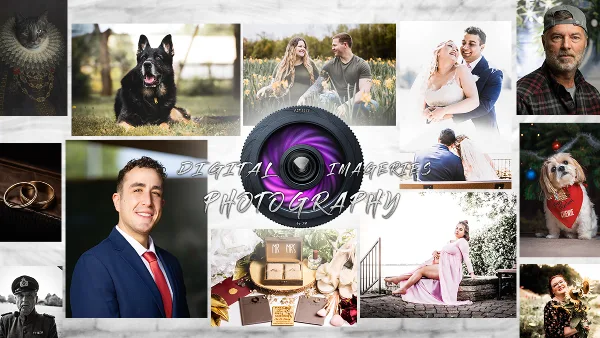A collage of professional photography samples including a wedding couple, family portraits, pets, and a headshot, centered around a camera lens graphic with the text 'Digital Imageries Photography'.
