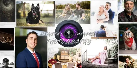 A collage of professional photography samples including a wedding couple, family portraits, pets, and a headshot, centered around a camera lens graphic with the text 'Digital Imageries Photography'.