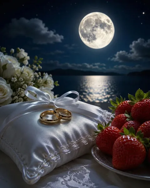 A white satin pillow holding two gold wedding rings, accompanied by white roses and a plate of strawberries, set against a backdrop of a full moon over a body of water.