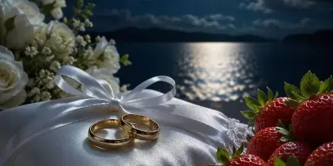 A white satin pillow holding two gold wedding rings, accompanied by white roses and a plate of strawberries, set against a backdrop of a full moon over a body of water.
