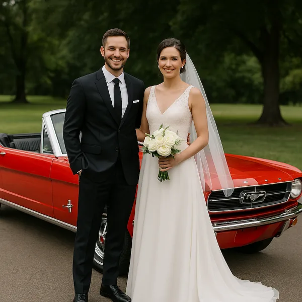 A bride and groom standing in front of a red vintage convertible car.