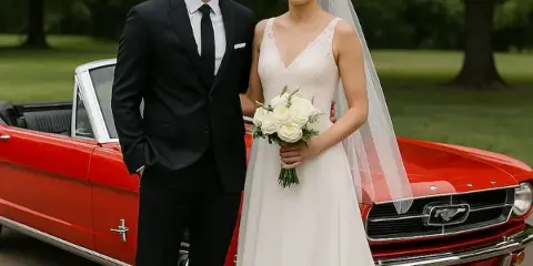 A bride and groom standing in front of a red vintage convertible car.