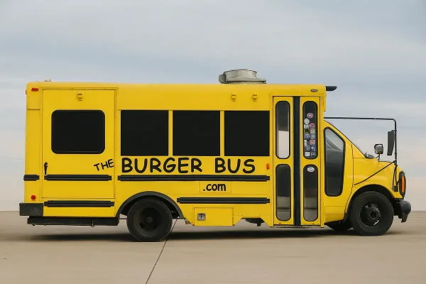 A yellow school bus converted into a food truck with 'The Burger Bus' branding on the side.
