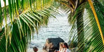 A couple exchanging vows on a sandy beach under palm trees during a wedding ceremony.