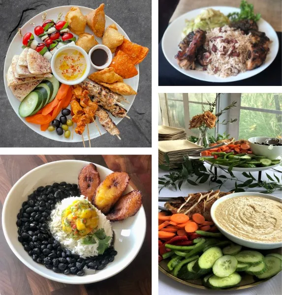 A collage of various prepared catering dishes including skewers, rice bowls, and vegetable platters.
