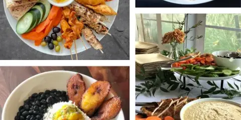 A collage of various prepared catering dishes including skewers, rice bowls, and vegetable platters.