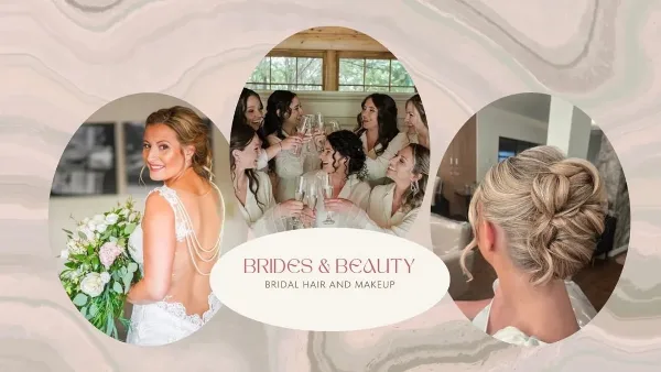 Bridal hair and makeup collage showing a bride, bridal party, and styled updo.
