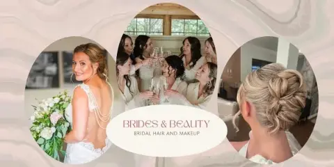 Bridal hair and makeup collage showing a bride, bridal party, and styled updo.