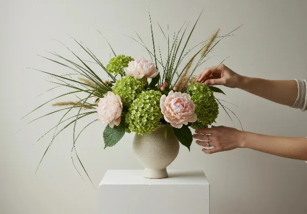 A pair of hands arranging a floral design featuring pink peonies, green hydrangeas, and tall grasses in a cream-colored vase.