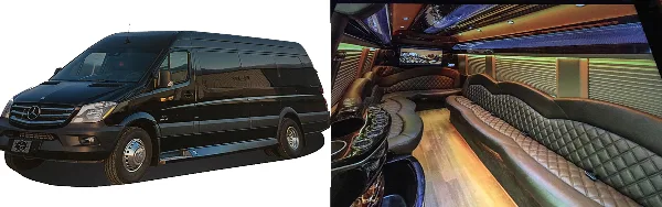 A black Mercedes Sprinter limousine van shown from the exterior and interior, featuring a luxury seating arrangement.