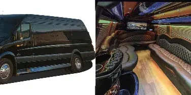 A black Mercedes Sprinter limousine van shown from the exterior and interior, featuring a luxury seating arrangement.