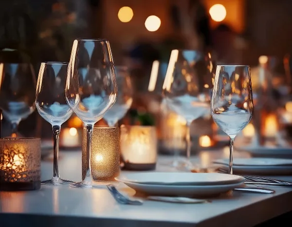 A close-up photograph of a table setting with wine glasses, plates, and lit candles.