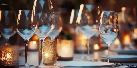 A close-up photograph of a table setting with wine glasses, plates, and lit candles.