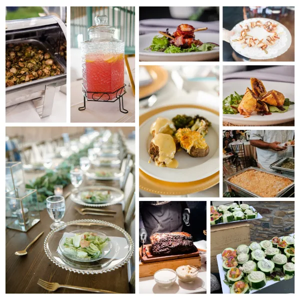 A collage of wedding catering food, including plated appetizers, a buffet line, a chef carving meat, and a set dining table.