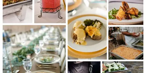 A collage of wedding catering food, including plated appetizers, a buffet line, a chef carving meat, and a set dining table.