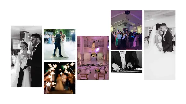 A collage of wedding photos showing a DJ mixing, a dance floor with guests, and a couple dancing.
