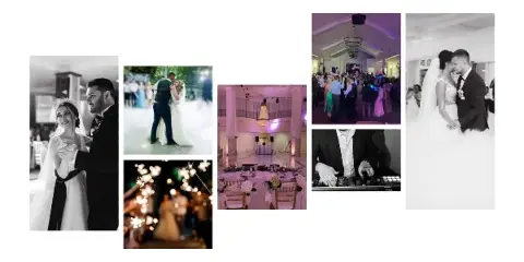 A collage of wedding photos showing a DJ mixing, a dance floor with guests, and a couple dancing.