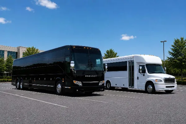 A black Prevost charter bus and a white minibus parked side-by-side in a parking lot.