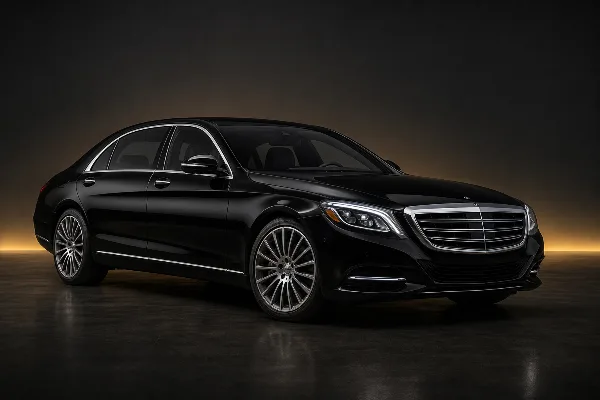 Black luxury sedan parked in a studio setting