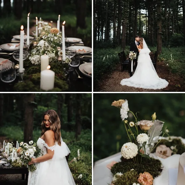 A collage of four wedding photos showing a decorated table with candles and flowers, a couple in a forest, a bride with a bouquet, and a floral centerpiece.