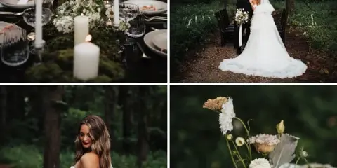 A collage of four wedding photos showing a decorated table with candles and flowers, a couple in a forest, a bride with a bouquet, and a floral centerpiece.