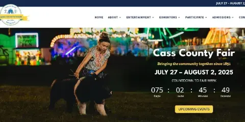 A girl leading a pig at the Cass County Fair with carnival rides in the background.