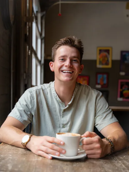 A smiling man in a light green shirt sitting at a table holding a white coffee cup.