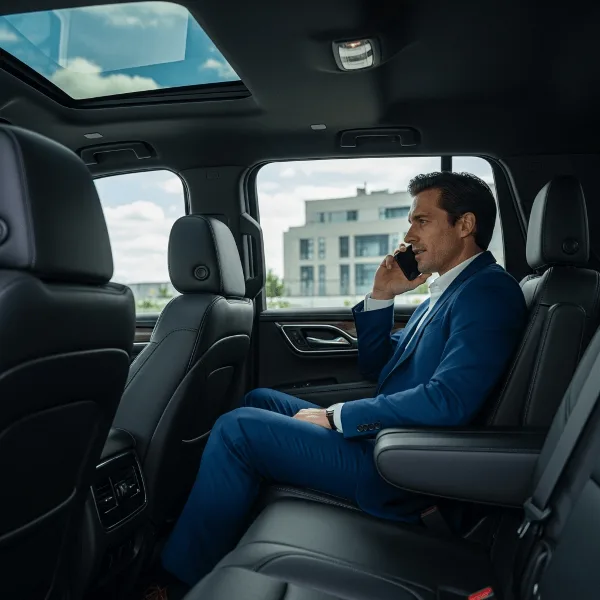 Interior of a luxury vehicle with a passenger in a suit seated in the back seat.