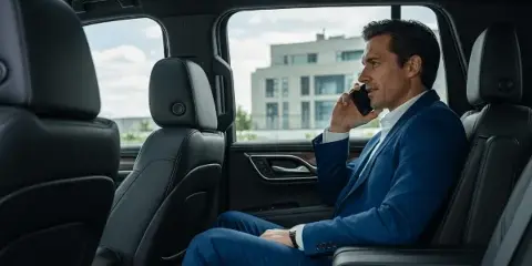 Interior of a luxury vehicle with a passenger in a suit seated in the back seat.