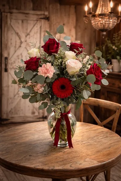 A floral arrangement of red and white roses, a red gerbera daisy, and eucalyptus in a glass vase tied with a red ribbon, displayed on a wooden table.