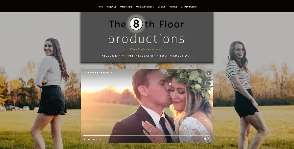 A screenshot of The 8th Floor Productions website showing a wedding couple kissing in a field at sunset, framed by the company's logo and navigation menu.