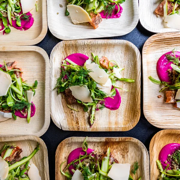Overhead view of multiple plated appetizers with salmon, greens, and cheese on biodegradable plates.