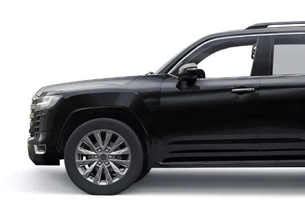 A black luxury SUV shown in a side profile view against a white background.