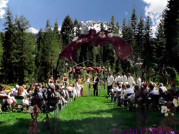 Outdoor wedding ceremony in a forest clearing with a decorated arch and mountain views.