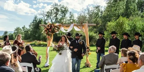 A bride and groom walking down the aisle during an outdoor wedding ceremony at a rustic venue.