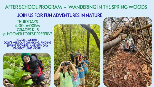 Collage of children hiking, using binoculars, and exploring a forest preserve trail.
