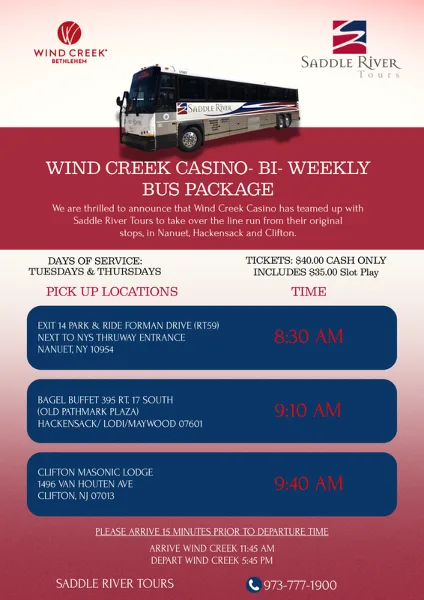 A promotional flyer for a Saddle River Tours bus package to Wind Creek Casino, featuring a photo of their motor coach and service details.