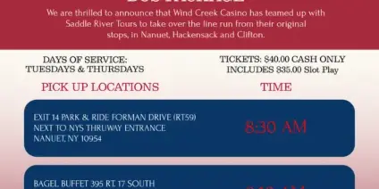 A promotional flyer for a Saddle River Tours bus package to Wind Creek Casino, featuring a photo of their motor coach and service details.