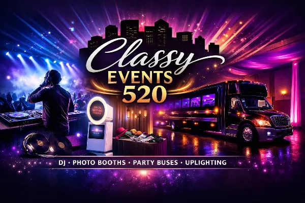 A promotional graphic for Classy Events 520 featuring a DJ, a photobooth, and a party bus in a vibrant, colorful setting.